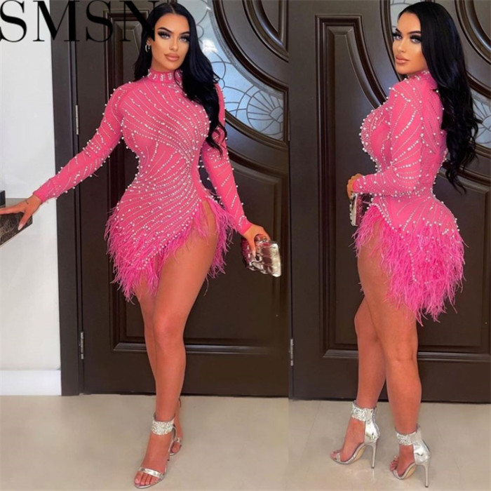 Plus Size Dress Europe and America fashion sexy mesh hot rhinestone foam feather dress