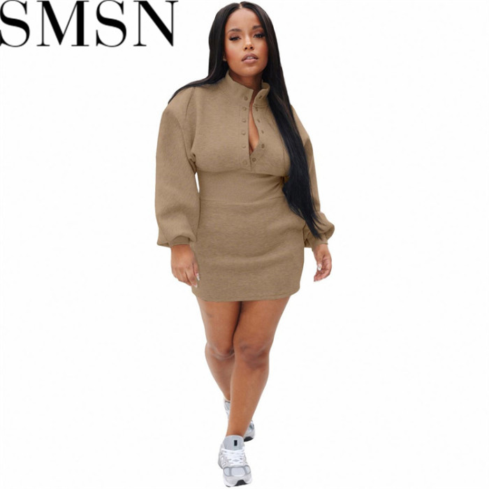 Plus size dress European and American autumn winter sweater fabric thread waist casual dress