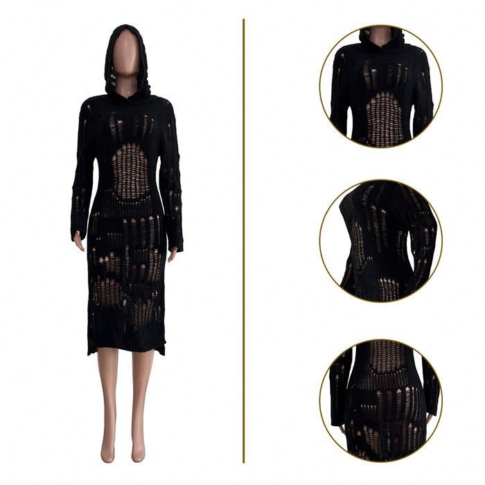 Women's casual sexy hollow-out breathable hooded dress slim knit dress