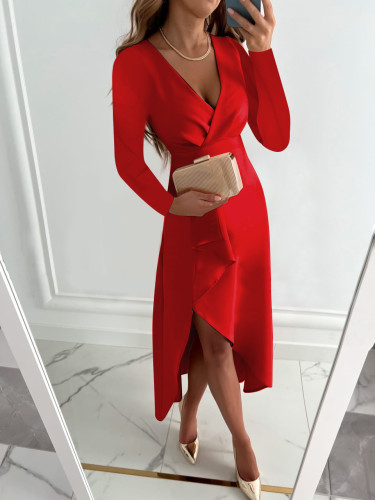 Long Sleeved V-Neck Pleated Hem Slit Dress