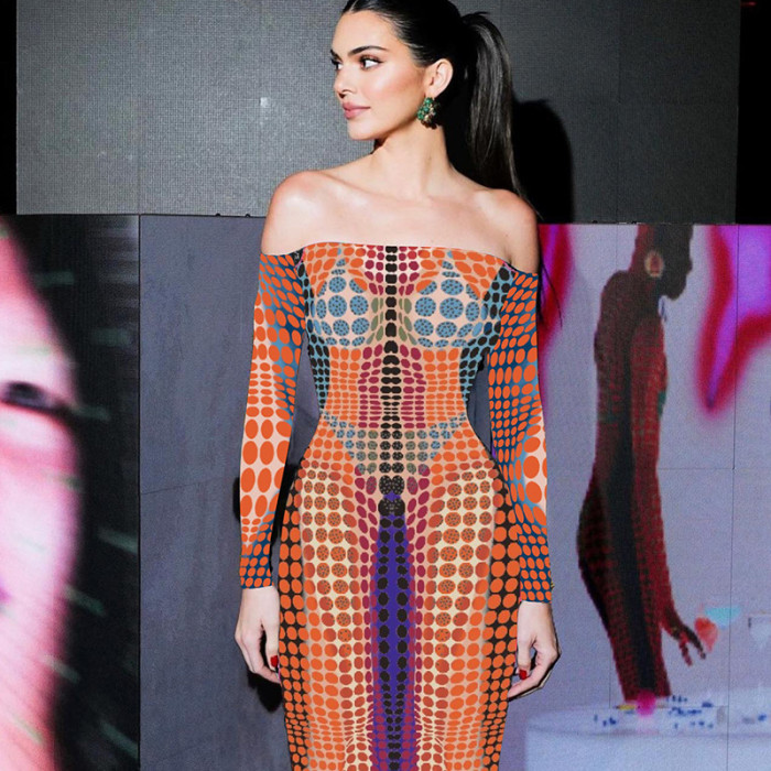 Women'S Characteristic False One-Word Neck Splicing Long-Sleeved Slim-Fit Swing Skirt Dress