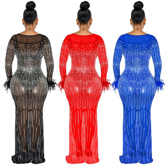 Rhinestone mesh see through long dress women lady luxury formal party evening dress