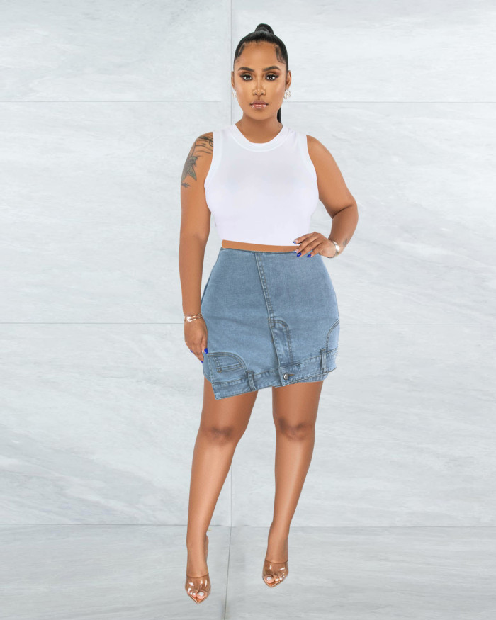 Women's Washed Street Irregular High Waist Elastic Denim Skirt