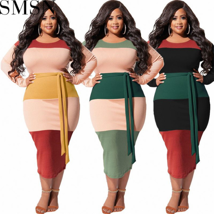 Plus Size Dress autumn new patchwork color with belt fashion tight large size women dress