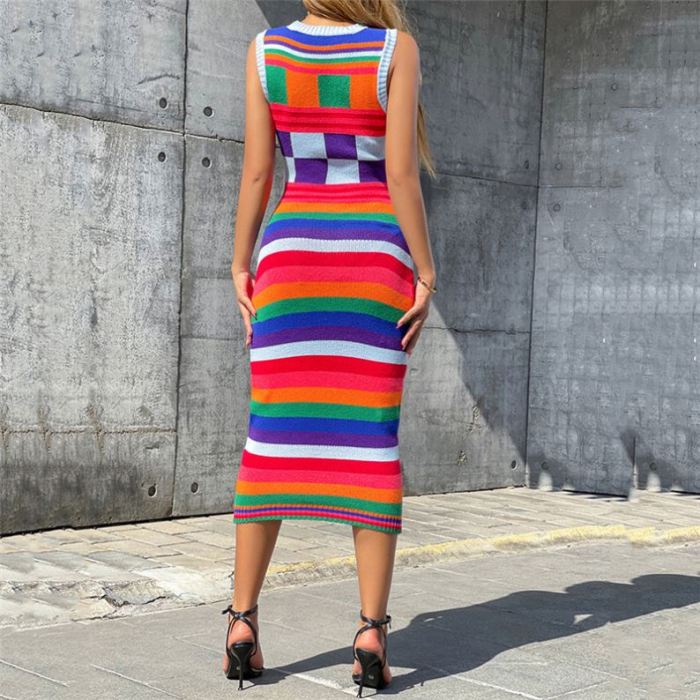 Fashion color blocking sleeveless knitted womens dress