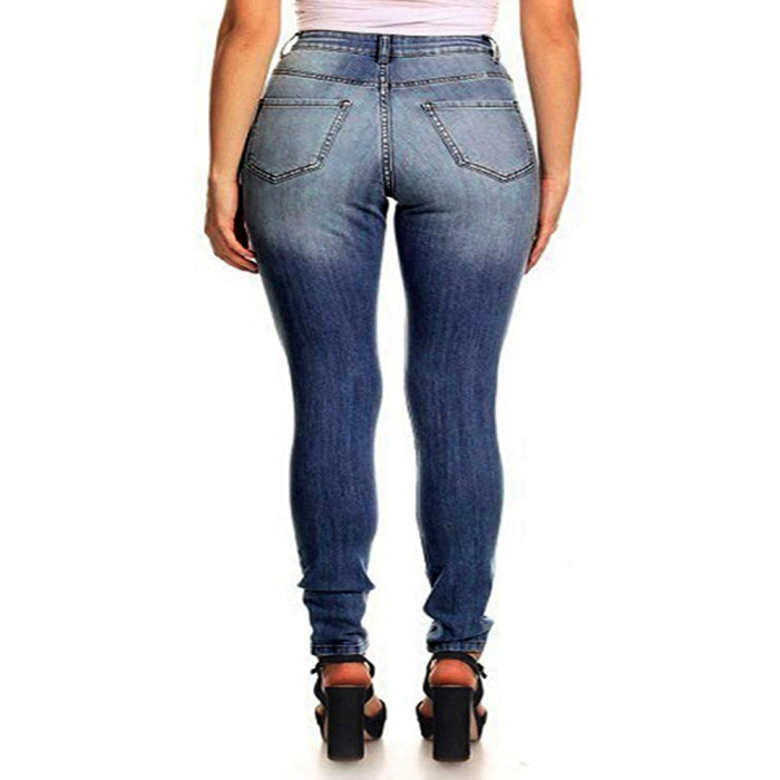 Fashion high waist denim tight pants with holes