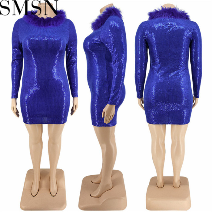 Plus Size Dress large size fall fur collar Velvet Bottom embroidered sequined dress