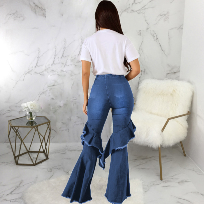 Fashion denim flared pants with hole stitching