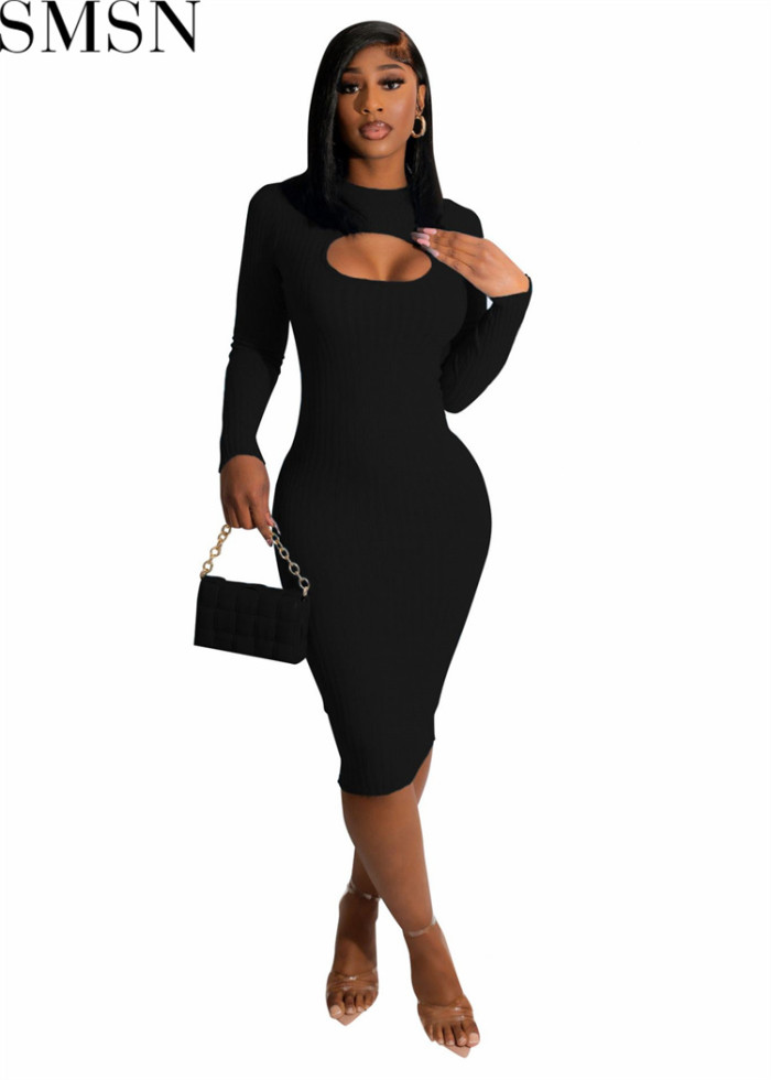 Plus size dress 2022 autumn European and American ins fashion knitting sunken Stripe slim fit hollow dress