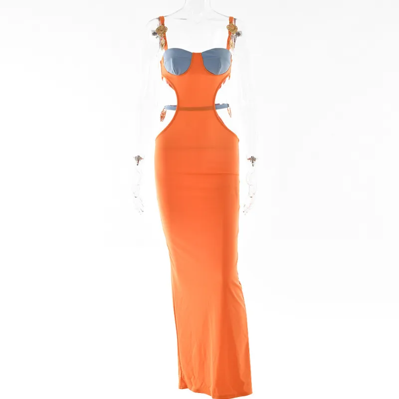 Plus Size Dress Amazon Color Contrast Patchwork Strap Backless A  line Dress Sexy Waist Hollow out Split Dress