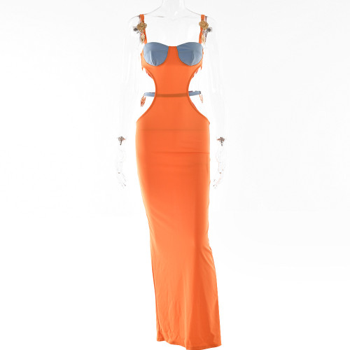 Plus Size Dress Amazon Color Contrast Patchwork Strap Backless A  line Dress Sexy Waist Hollow out Split Dress