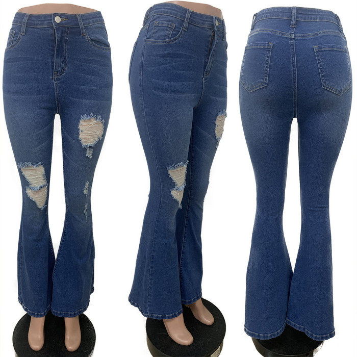 Perforated denim flared pants