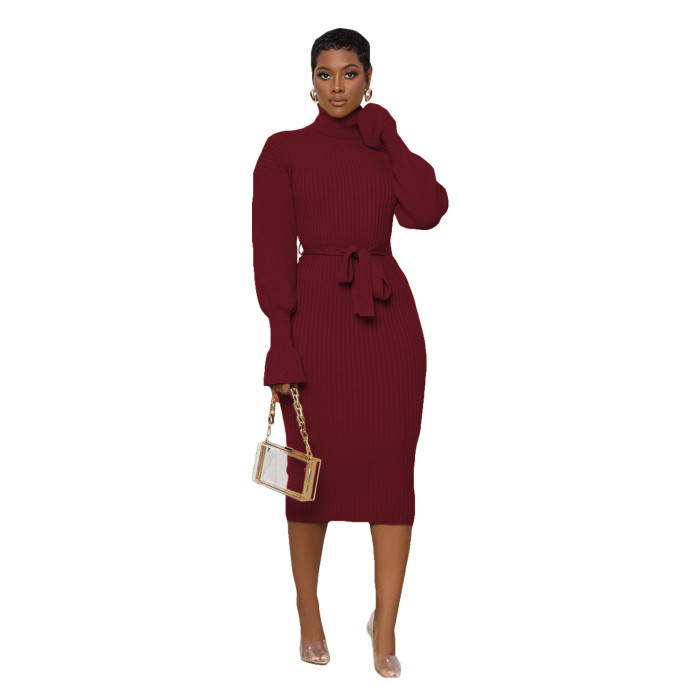 Plus Size Dress European and American women clothing solid color turtleneck knitting tied dress