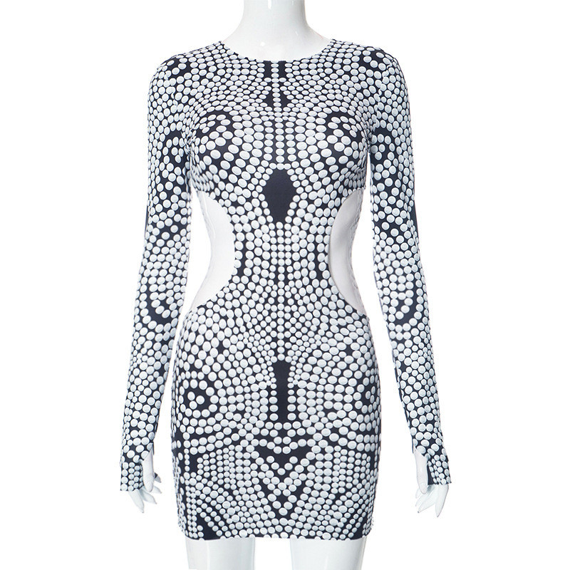 Polka Dot Printed Long Sleeved Round Neck Waist Hollowed Out Dress