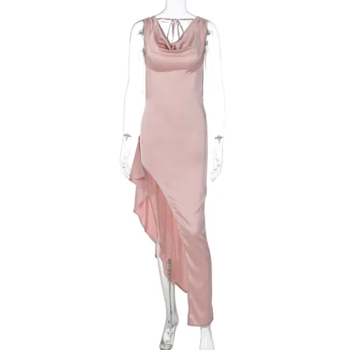 Solid Collar Pleated Slim Fitting Sleeveless Long Dress