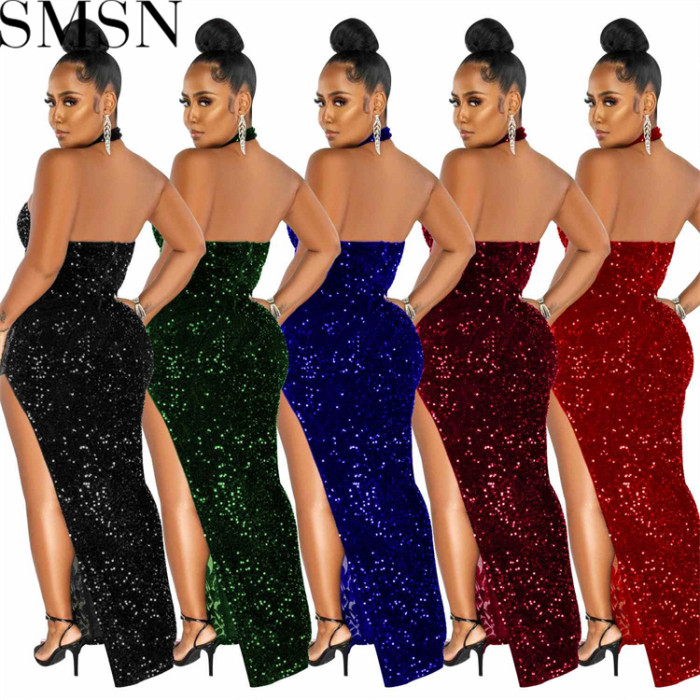 Plus Size Dress Amazon Sequin See-through Solid Color Sleeveless Halter Dress