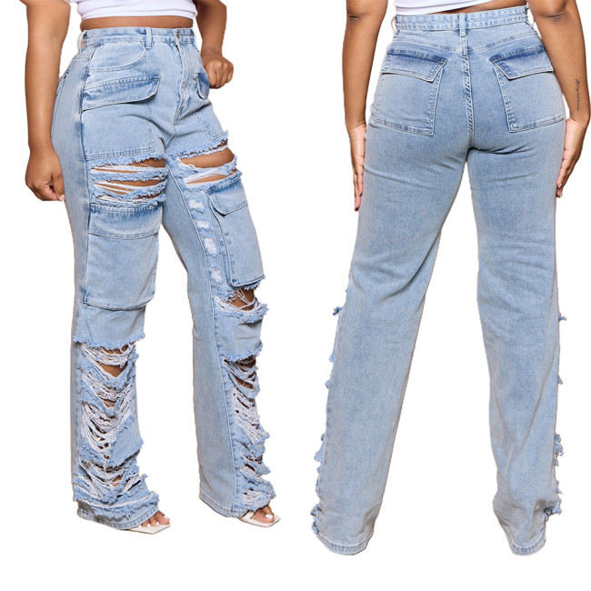 Fashionable loose fitting high waisted wide leg torn jeans