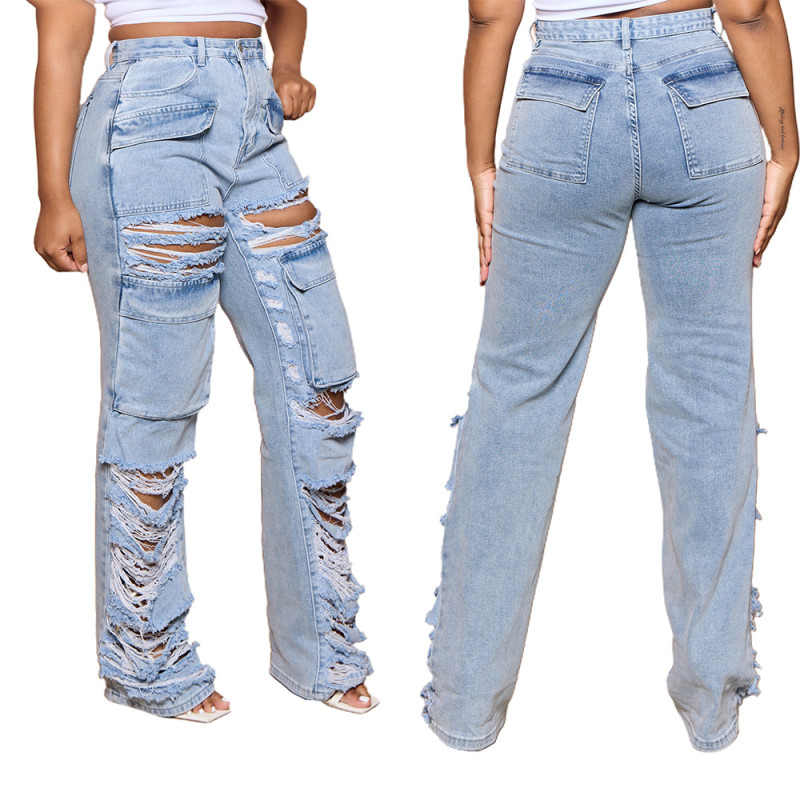 Fashionable loose fitting high waisted wide leg torn jeans