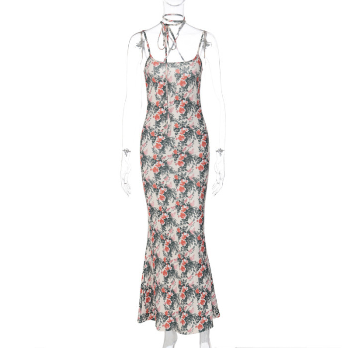 Printed Sexy Slim Fit Fragmented Flower Strap Open Back Dress