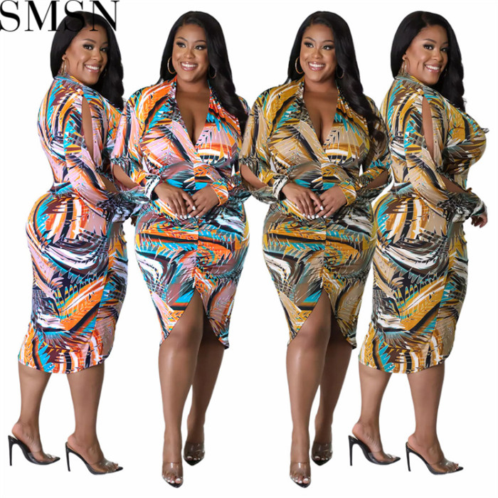 Plus Size Dress Amazon fashion v neck floral print slit pleated hollow sleeve dress