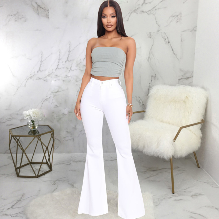 Fashion high waist elastic denim flared pants