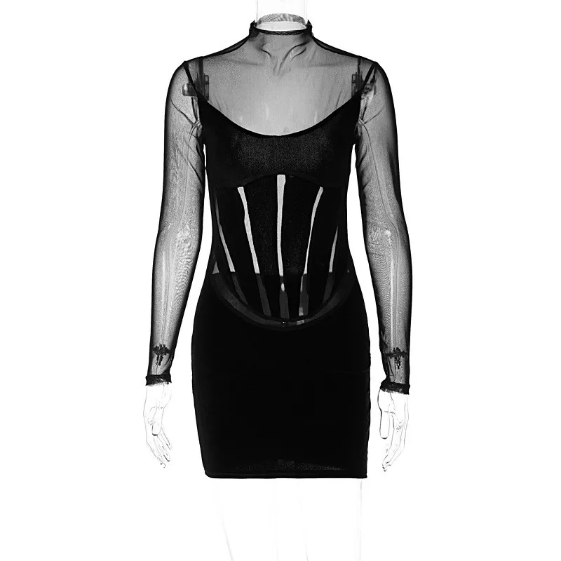 Women'S Solid Color Mesh High Waist Splicing Wrap Hip Skirt