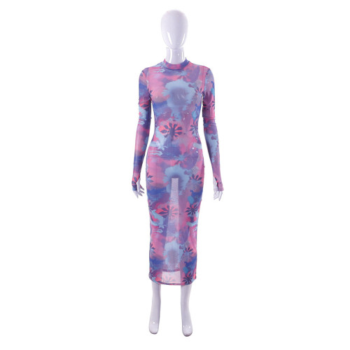 Round Neck Long Sleeve Finger Mesh Printing Casual Long Dress For Women