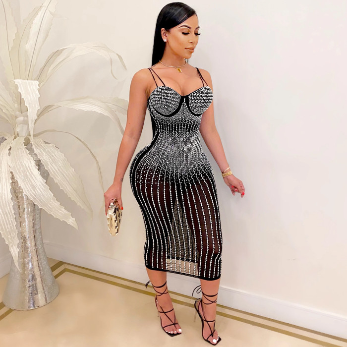 Fashion women's wear Party nightclub mesh see-through rhinestone Diamond strap dress plus size casual dress