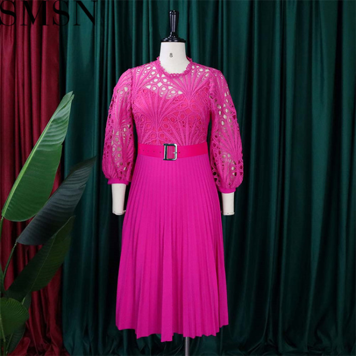 Plus Size Dress Puff Sleeve Lace Party Wear Belt Plus Size Autumn Women Pleated Dress