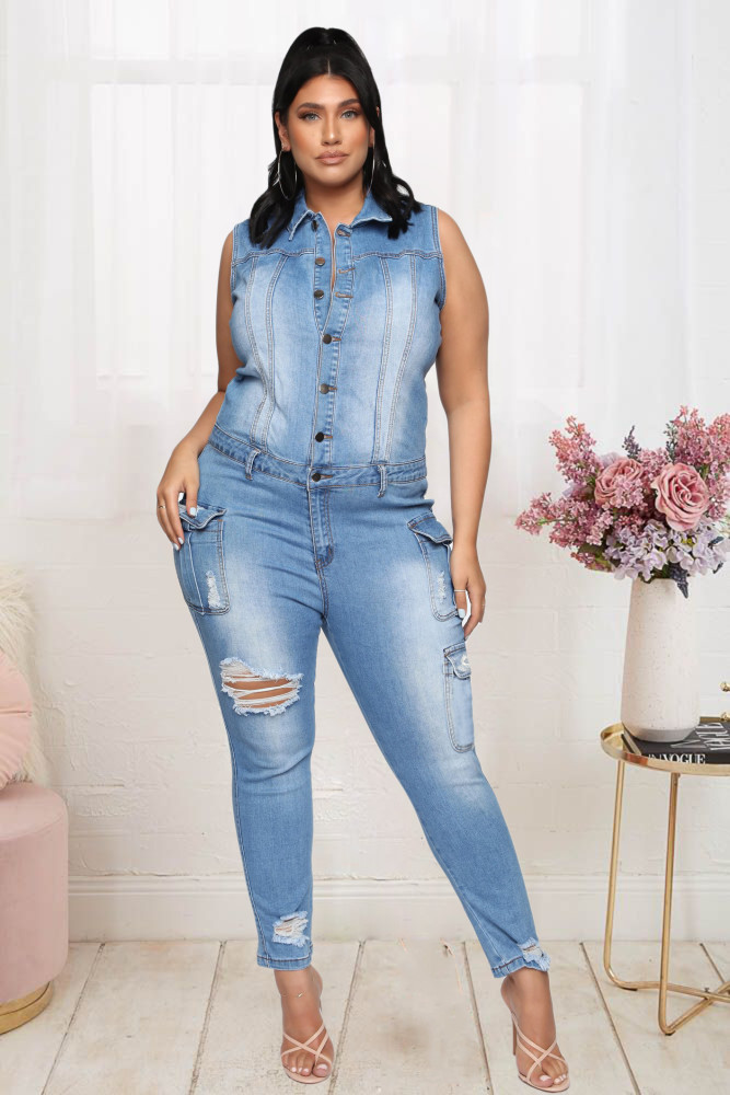 Casual slim hole denim Jumpsuit
