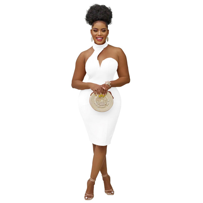 Plus Size Dress fashion pure color halter wrapped chest sleeveless cold shoulder dress