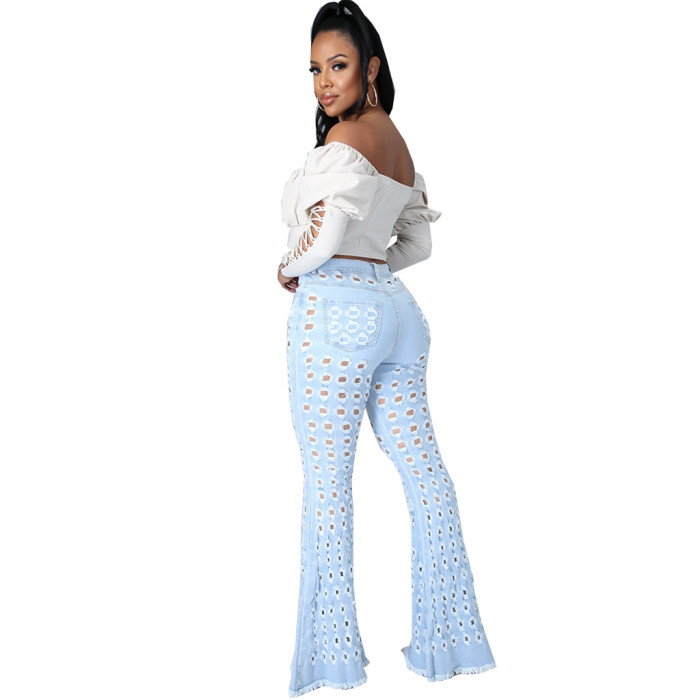 Fashion denim flared pants with holes