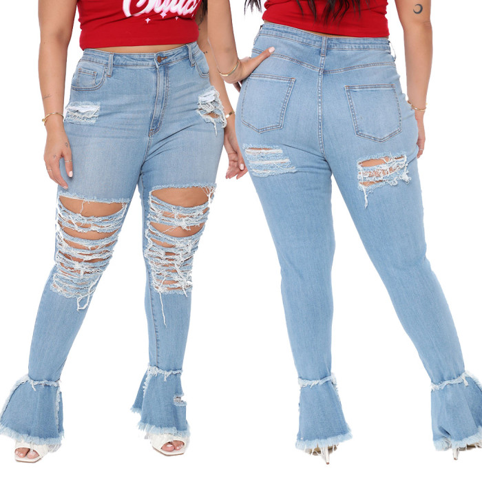 Fashion hole stitching micro flared pants