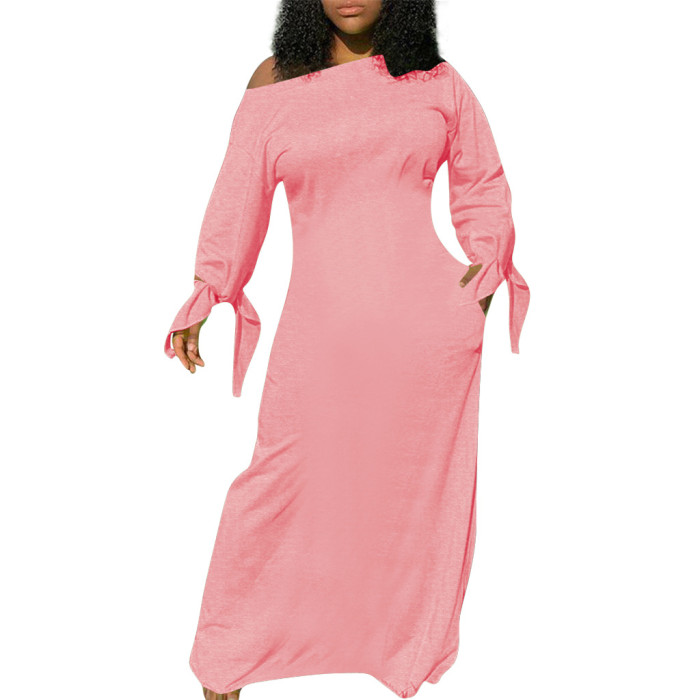 Plus Size Dress solid color cotton long sleeve cuff knotted dress long skirt with pockets on both sides