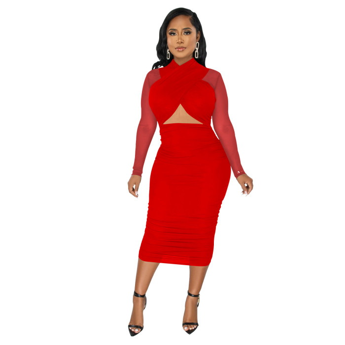 Plus Size Dress Amazon Fashion Women Mesh Long Sleeve Solid Color Wrapped Chest Navel Dress