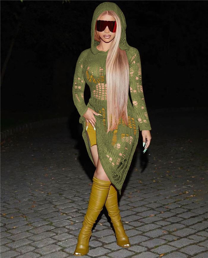 Women's casual sexy hollow-out breathable hooded dress slim knit dress