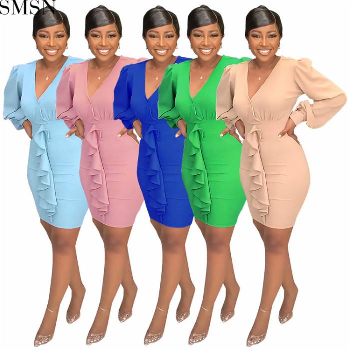 Plus Size Dress solid color sexy half open collar temperament ruffled women dress