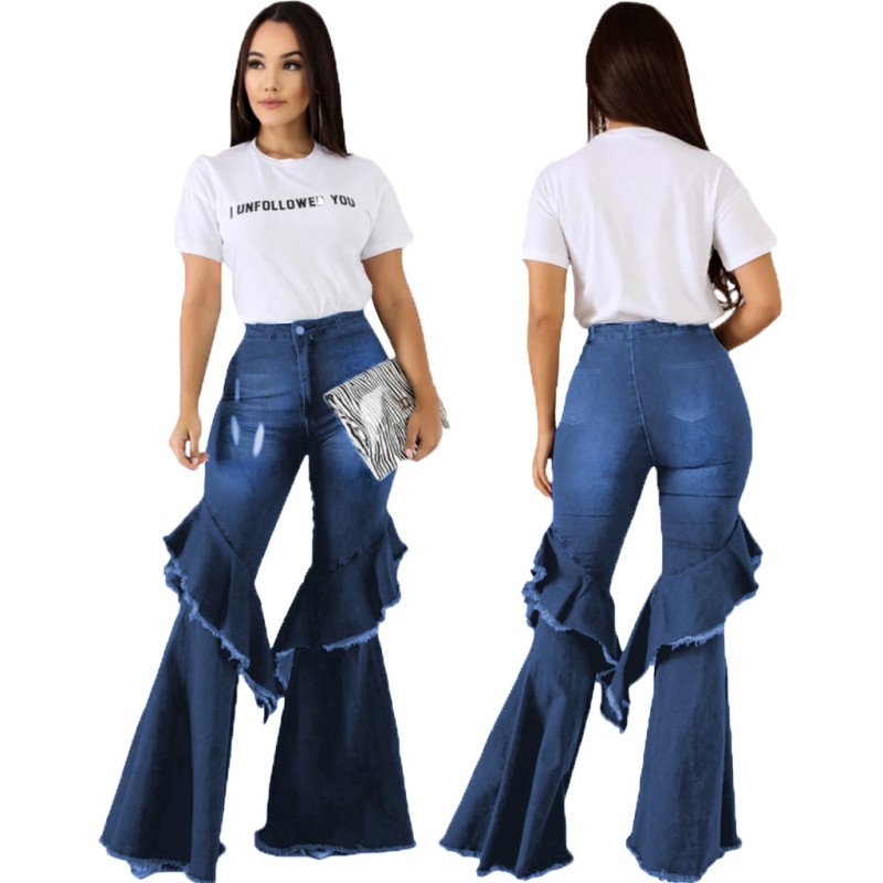 Fashion denim flared pants with hole stitching