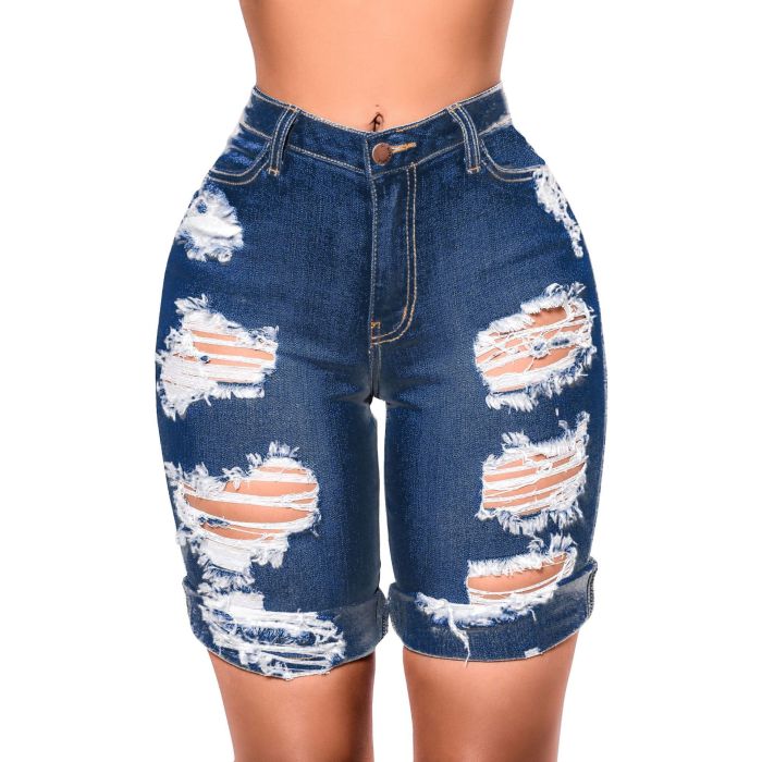 Fashionable water wash hole high waist jeans