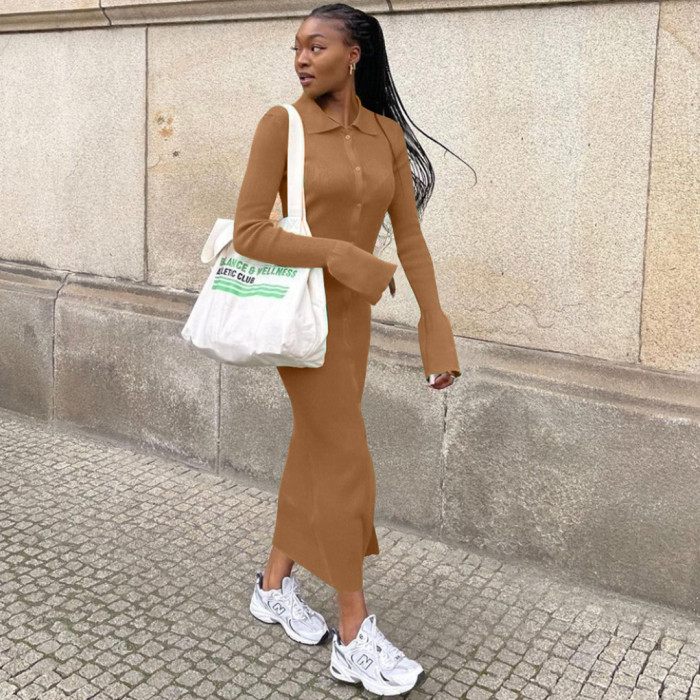 Fashion women dress Amazon long sleeve V neck long button bell sleeve dress sweater