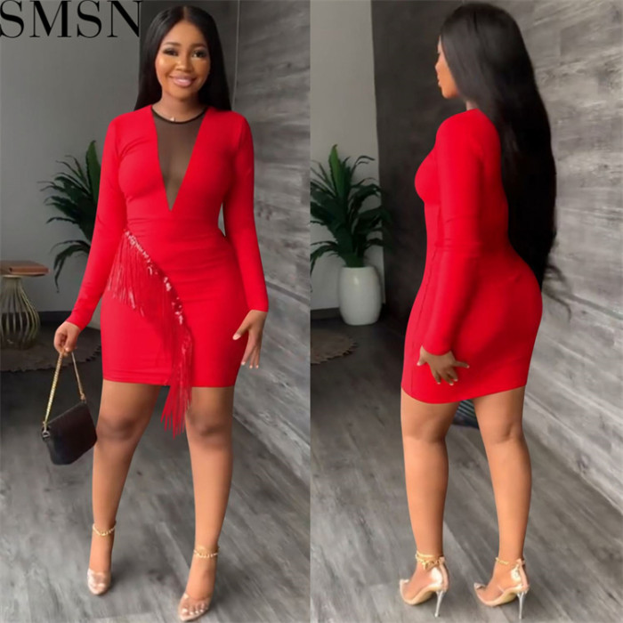 Plus Size Dress nightclubs rhinestone mesh see through sexy tassel hip wrapped mid length skirt dress