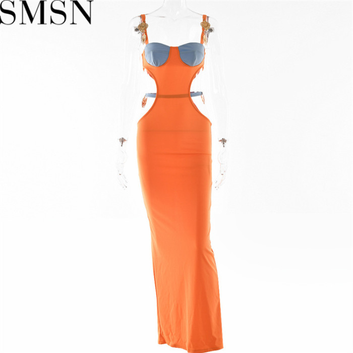 Plus Size Dress Amazon Color Contrast Patchwork Strap Backless A  line Dress Sexy Waist Hollow out Split Dress