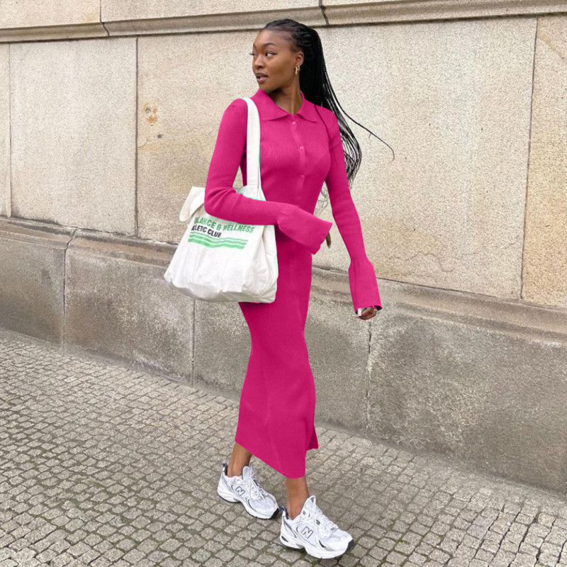 Fashion women dress Amazon long sleeve V neck long button bell sleeve dress sweater