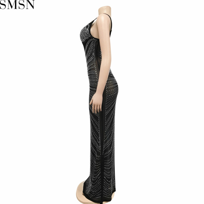 Plus Size Dress new hot rhinestone sexy spaghetti straps chest wrap mesh see-through maxi dress