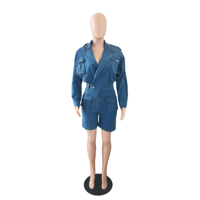 Washed casual denim one-piece shorts