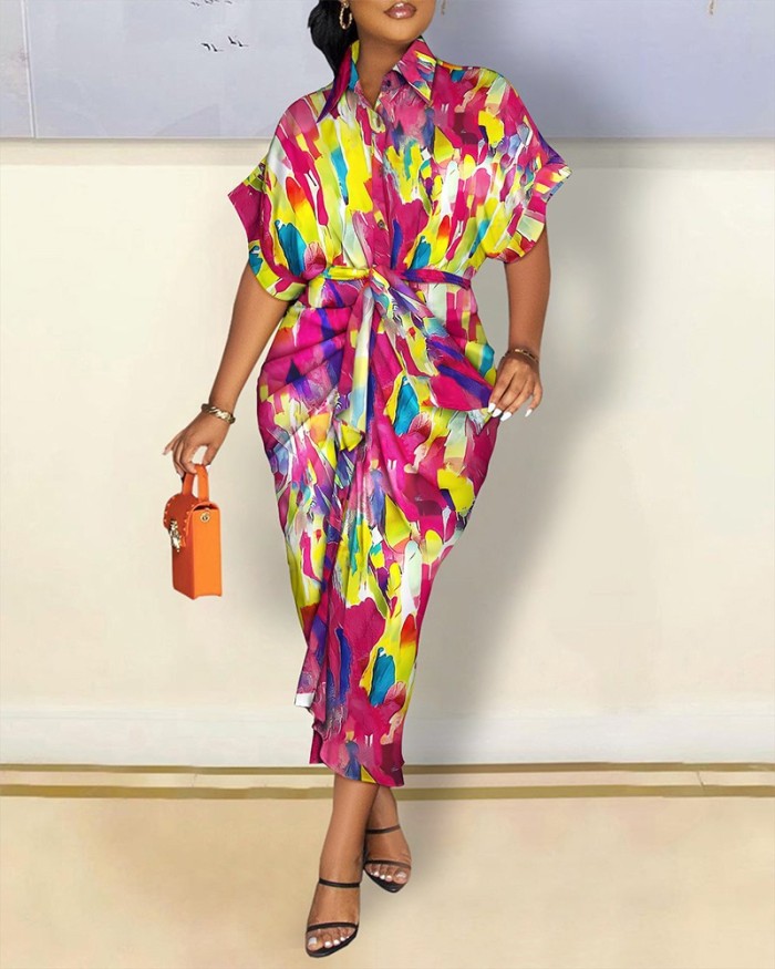 Long Sleeved V-Neck Button Printed Shirt Dress