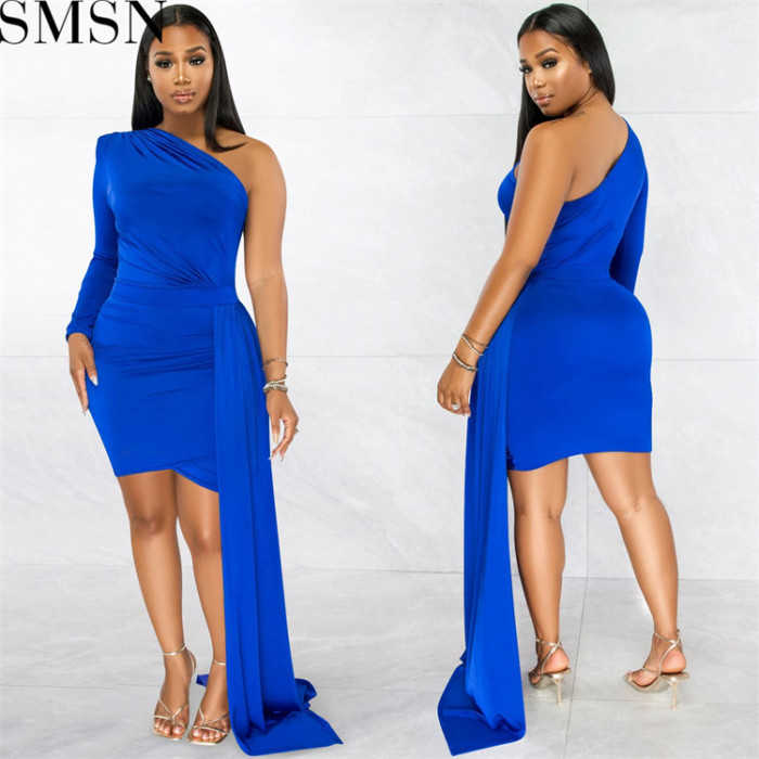 Plus Size Dress fashion solid color single sleeve casual diagonal collar dress women clothing