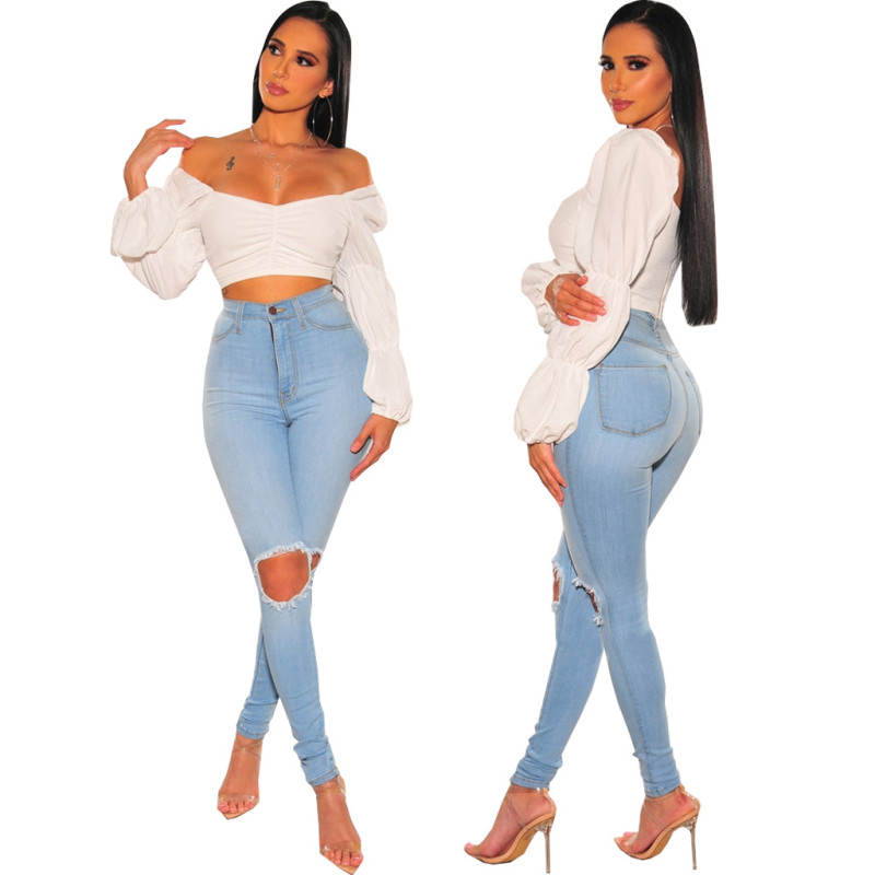 Fashionable slim fit versatile stretch denim leggings with holes