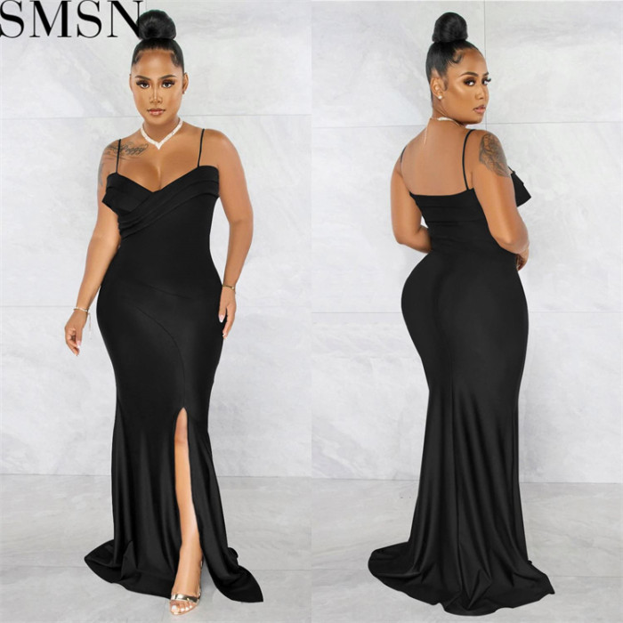 Plus Size Dress European and American fashion women wear suspender pleated wrapped chest solid color dress