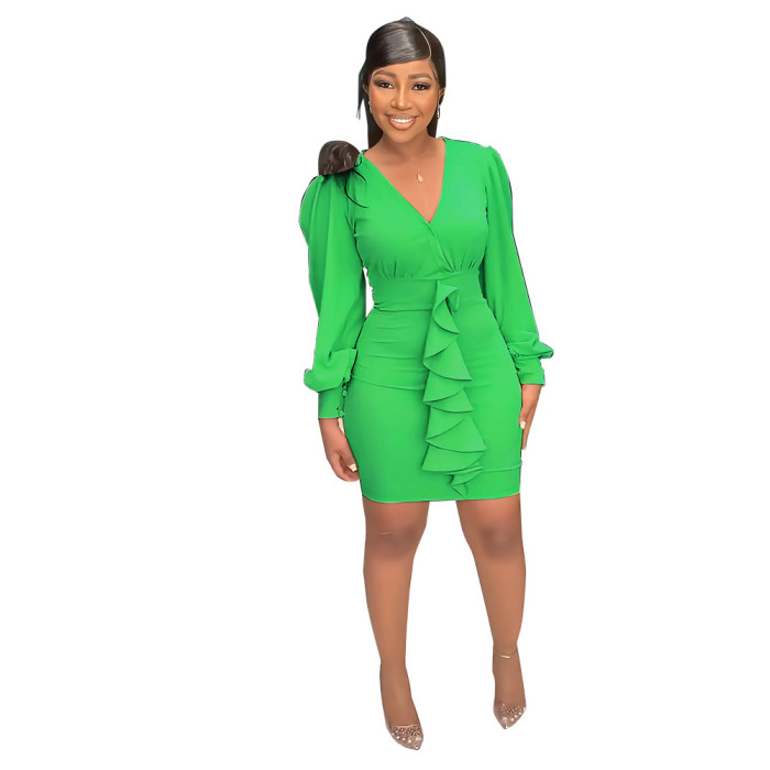 Plus Size Dress solid color sexy half open collar temperament ruffled women dress